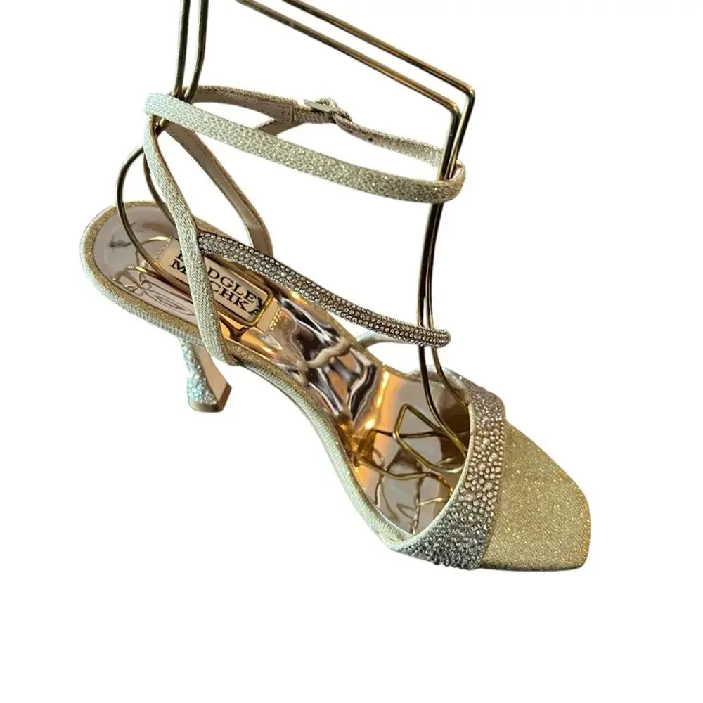 Badgley Mischka Sally Curvy Heel Stiletto Sandal Gemstone Plantino Gold NEW 10